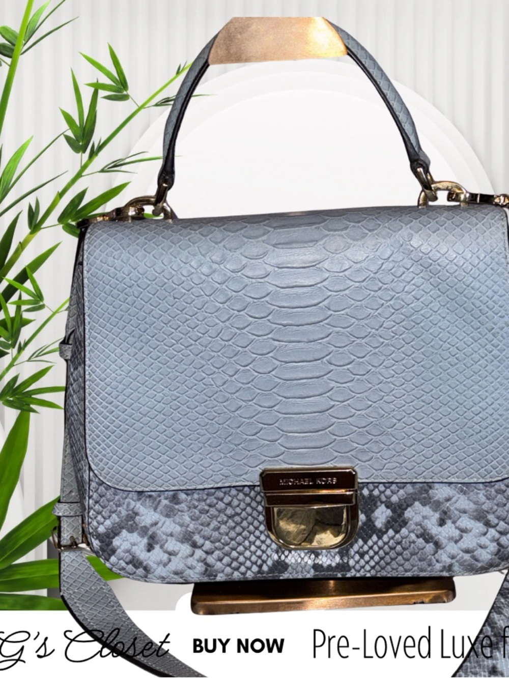 Michael Kors Light Gray Python-Textured Satchel with Gold Hardware